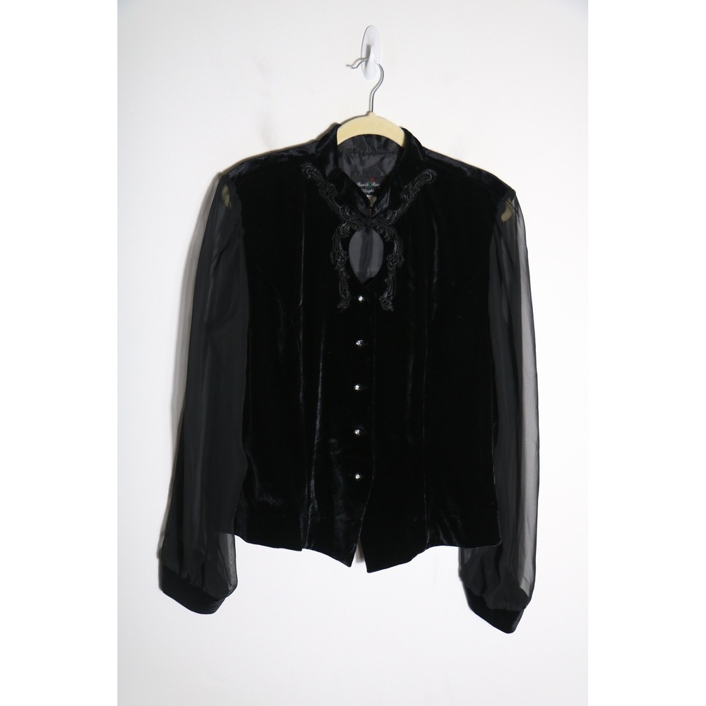 Vintage David Rose Night Black Velvet Sheer Blouse  XL Whimsigoth Dark Romantic